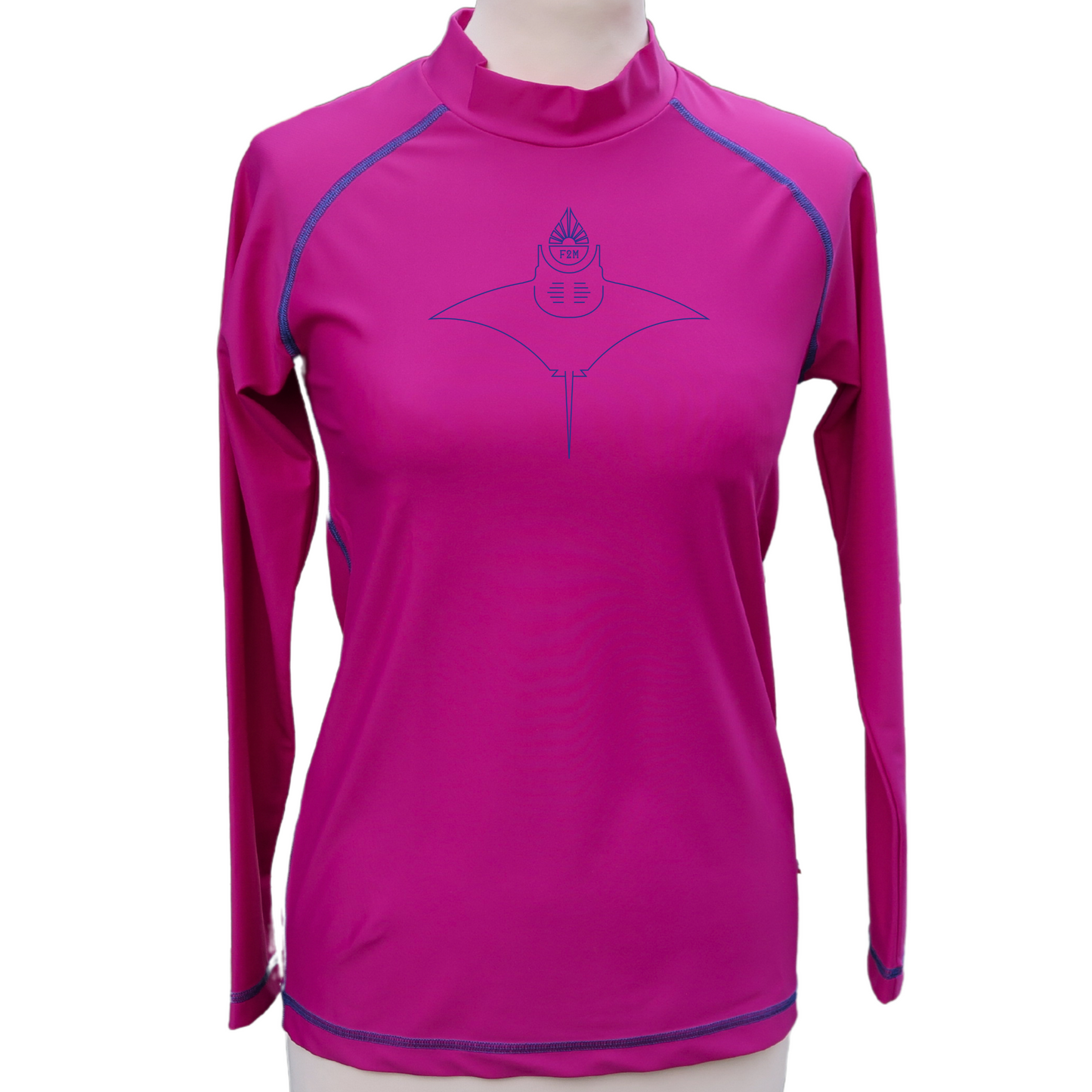 rashguard lycra anti uv haut de gamme femme manches longues violet rose fuchsia fabriqué en France UPF50+ Made in France avec des filets de pêche recyclés, écolo, durable, top maillot tee-shirt eco responsable F2M petit col manta raie