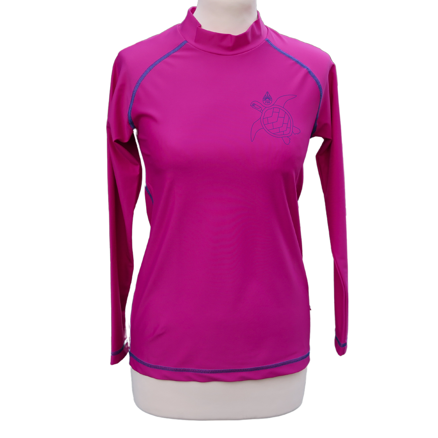 rashguard lycra anti uv haut de gamme femme manches longues violet rose fuchsia fabriqué en France UPF50+ Made in France avec des filets de pêche recyclés, écolo, durable, top maillot tee-shirt eco responsable F2M petit col tortue turtle