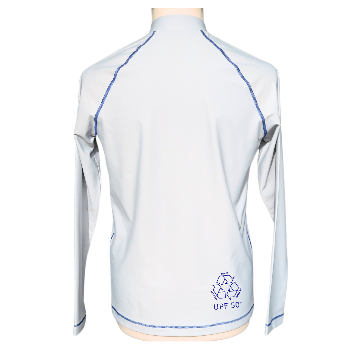 lycra anti uv rashguard F2M made in france filets de pêche recyclés UPF50+ sans additif chimique écolo durable haut de gamme devant homme manches longues gris clair dos