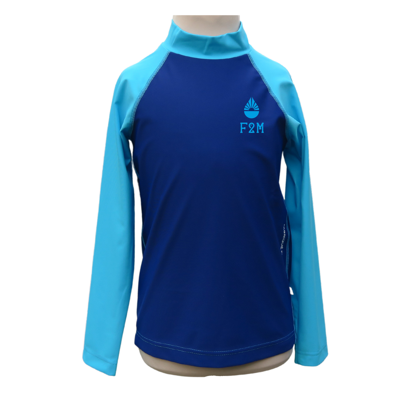 Lycra maillot top tee-shirt anti-uv enfant mixte bleu marine ciel turquoise manches longues upcyclé made in France UPF50+ logo goutte soleil