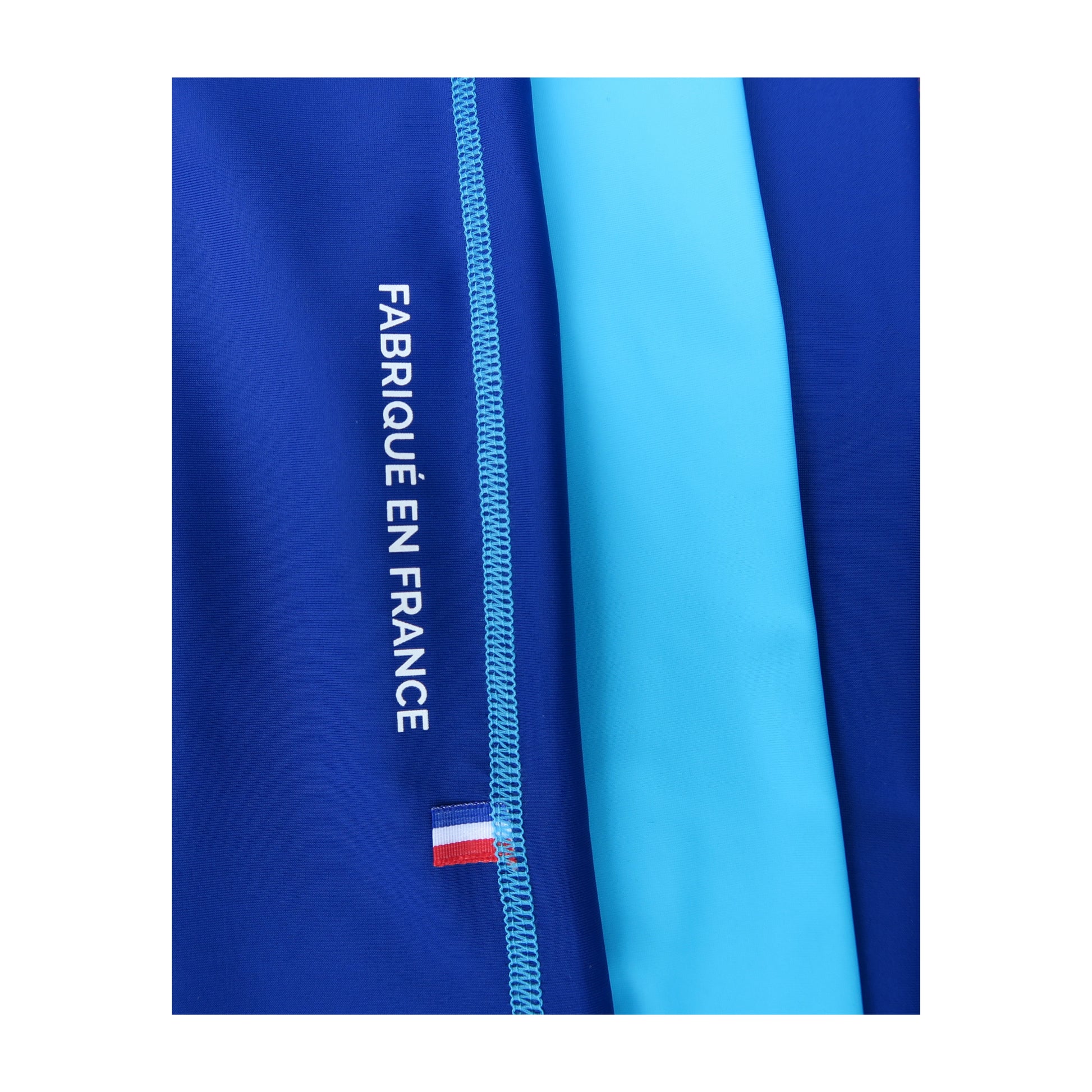 Lycra enfant rashguard anti-uv made in France UPF50 bleu bicolore logo F2M ruban tricolore français french