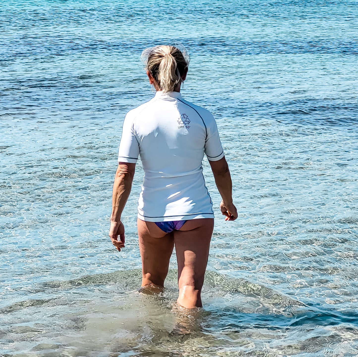 Rashguard UPF50+ durable Made in France MC femme blanc - différents motifs
