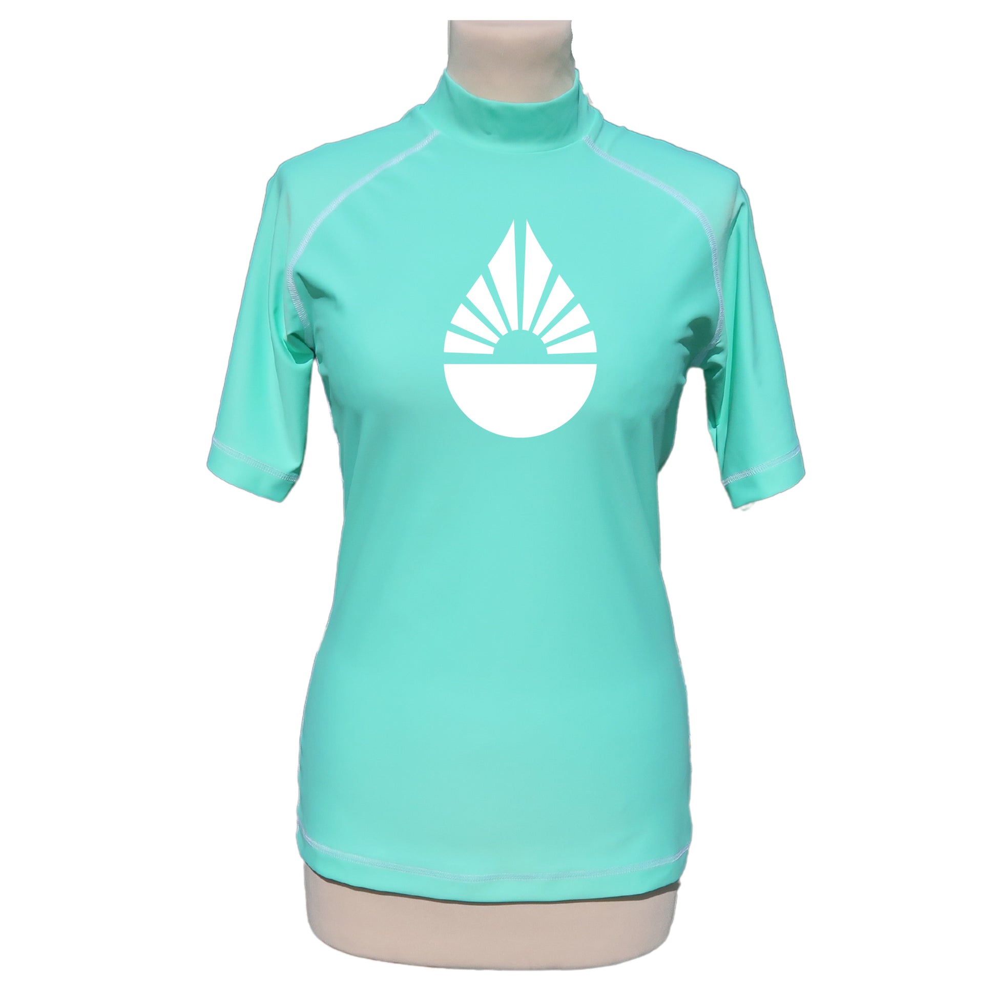 rashguard lycra anti uv femme manches courtes vert d'eau fabriqué en France UPF50+ Made in France avec des filets de pêche recyclés, écolo, durable, top maillot tee-shirt eco responsable F2M coupe moulante nouveauté goutte