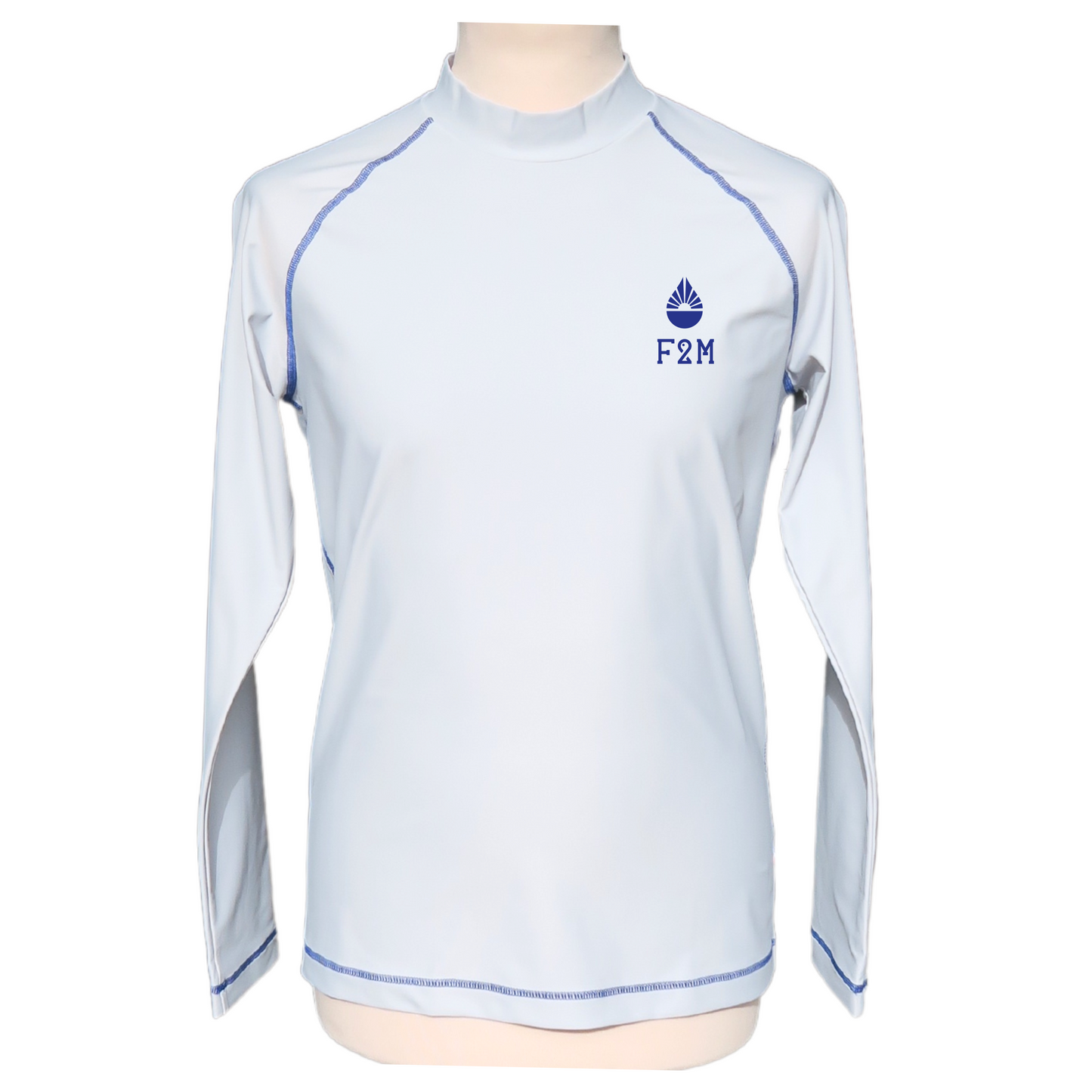lycra anti uv rashguard F2M made in france filets de pêche recyclés UPF50+ sans additif chimique écolo durable haut de gamme devant homme manches longues logo goutte bleu