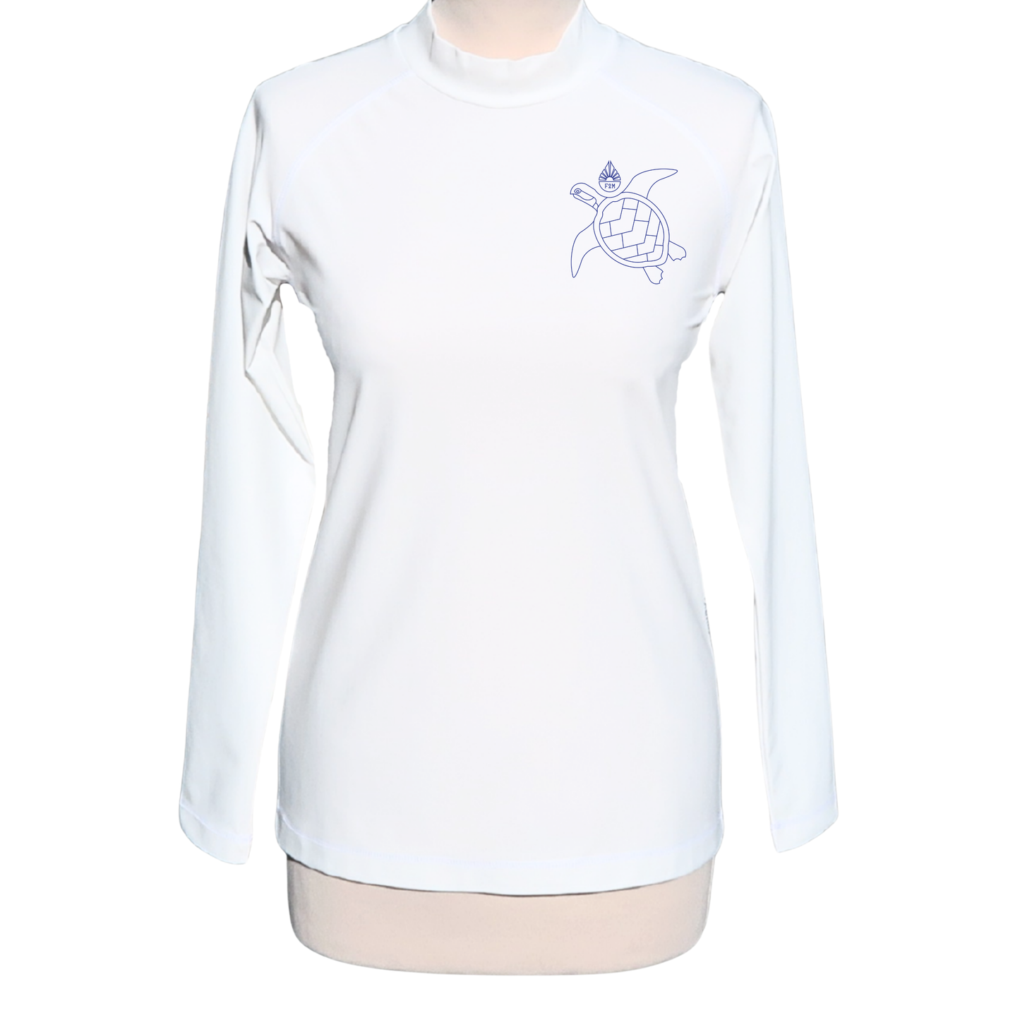 Lycra_licra-femme-manches longues_blanc_made_in_France_UPF50+_F2M top tee-shirt anti uv  rashguard filets de peche recyclés protection solaire maximale sans additif chimique ecolo durable sustainable eco responsable top ts maillot snorkling diving plongée vacances soleil tuba fabriqué en France turtle sea tortue