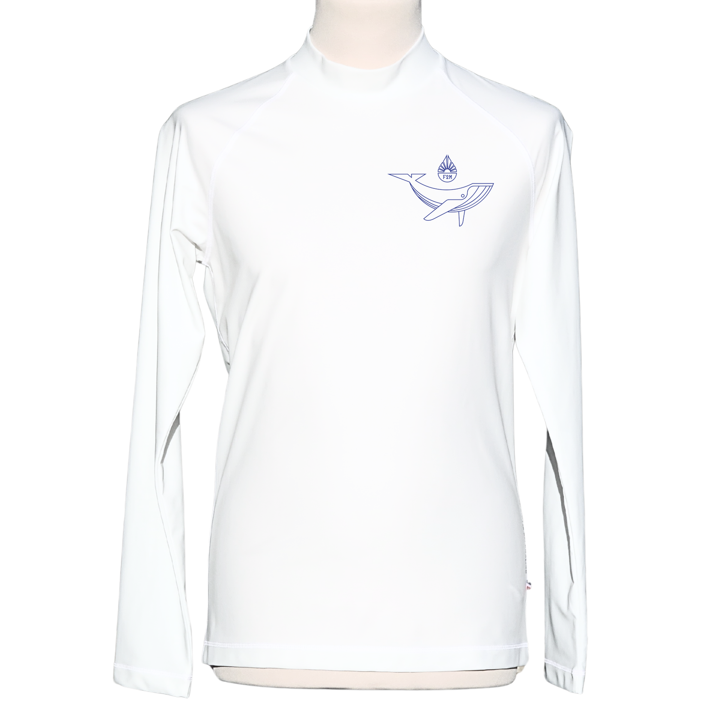 Lycra_licra-homme_manches longues_blanc_made_in_France_UPF50+_F2M top tee-shirt anti uv  rashguard filets de peche recyclés protection solaire maximale sans additif chimique ecolo durable sustainable eco responsable top ts maillot snorkling diving plongée vacances soleil tuba fabriqué en France baleine whale sauvons les océans marque engagée