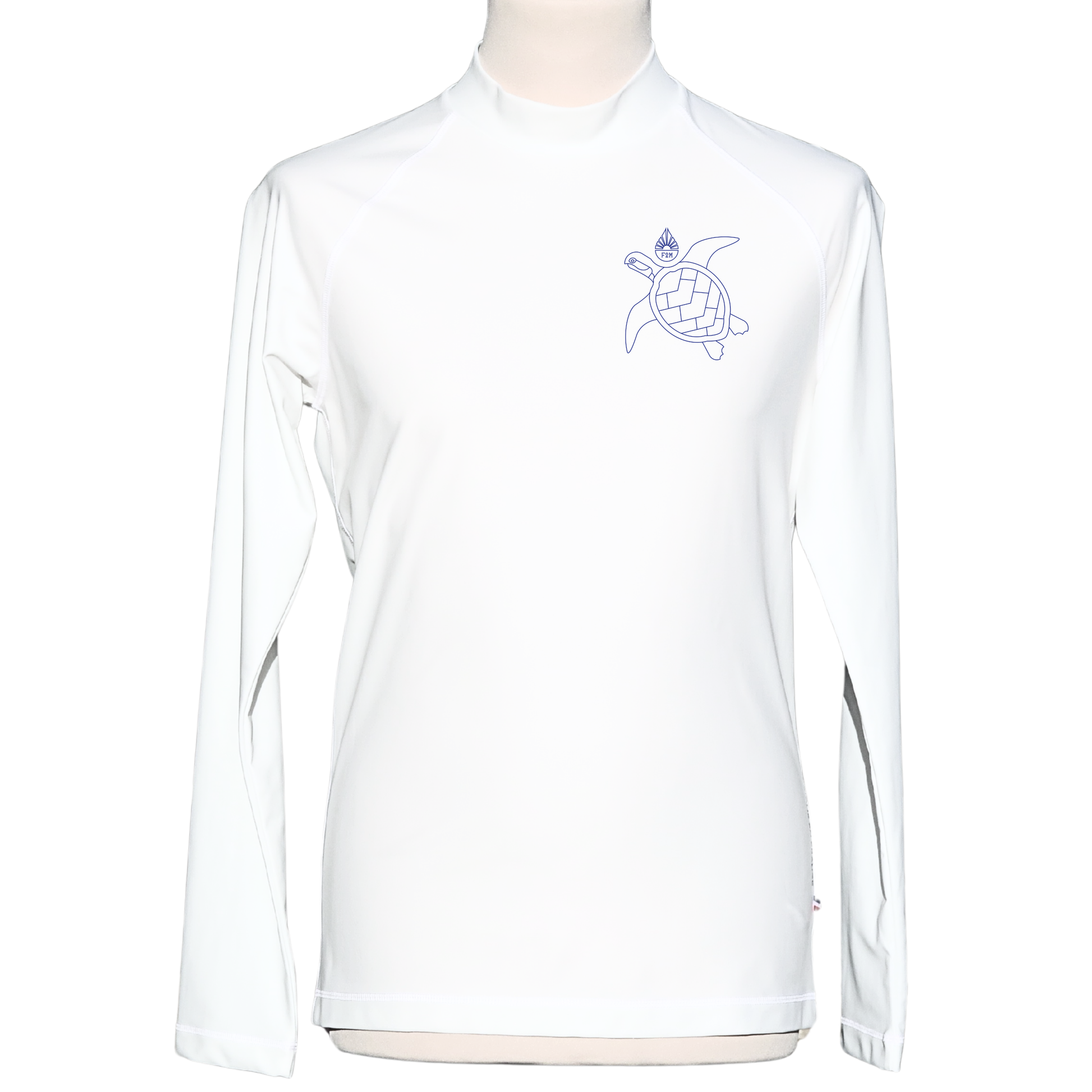 Lycra_licra-homme_manches longues_blanc_made_in_France_UPF50+_F2M top tee-shirt anti uv  rashguard filets de peche recyclés protection solaire maximale sans additif chimique ecolo durable sustainable eco responsable top ts maillot snorkling diving plongée vacances soleil tuba fabriqué en France tortue sea turtle haut de gamme fabriqué en France