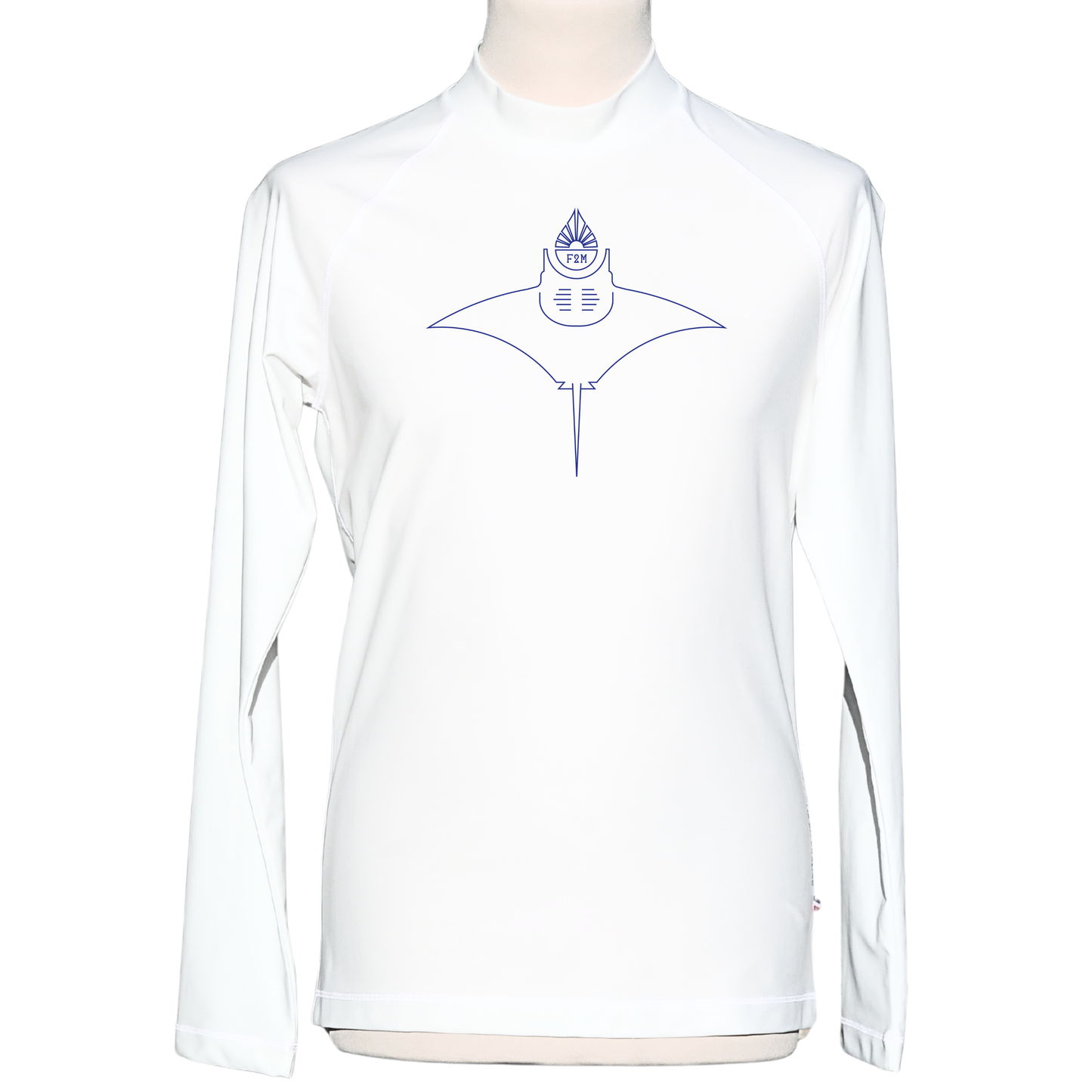 Lycra_licra-homme_manches longues_blanc_made_in_France_UPF50+_F2M top tee-shirt anti uv  rashguard filets de peche recyclés protection solaire maximale sans additif chimique ecolo durable sustainable eco responsable top ts maillot snorkling diving plongée vacances soleil tuba fabriqué en France manta ray raie manta plongée diving haut de gamme fabriqué en france