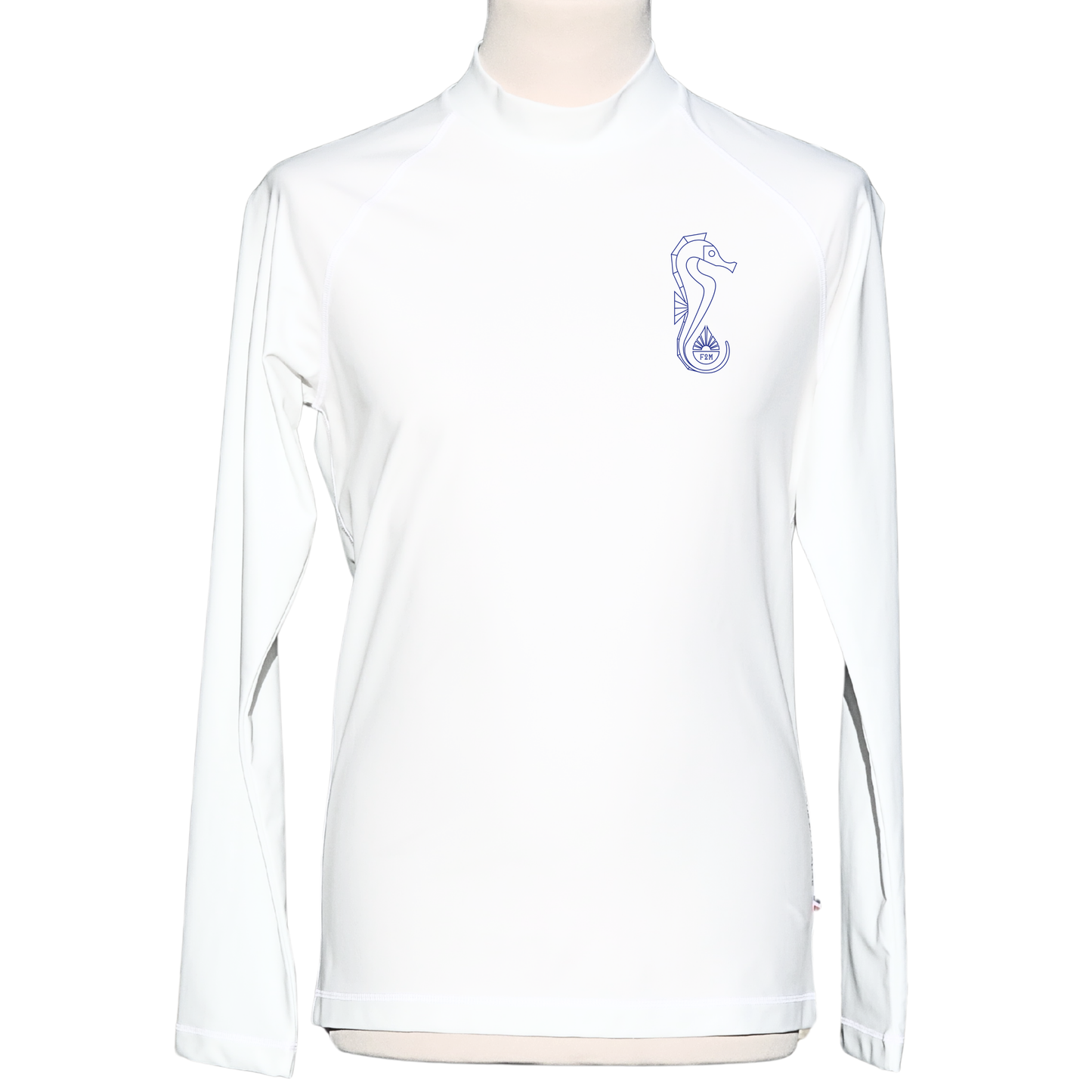 Lycra_licra-homme_manches longues_blanc_made_in_France_UPF50+_F2M top tee-shirt anti uv  rashguard filets de peche recyclés protection solaire maximale sans additif chimique ecolo durable sustainable eco responsable top ts maillot snorkling diving plongée vacances soleil tuba fabriqué en France hippocampe seahorse marque haut de gamme engagée fabriqué en france