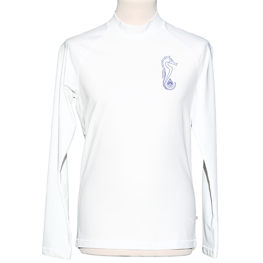 Lycra_licra-homme_manches longues_blanc_made_in_France_UPF50+_F2M top tee-shirt anti uv  rashguard filets de peche recyclés protection solaire maximale sans additif chimique ecolo durable sustainable eco responsable top ts maillot snorkling diving plongée vacances soleil tuba fabriqué en France hippocampe seahorse marque haut de gamme engagée fabriqué en france