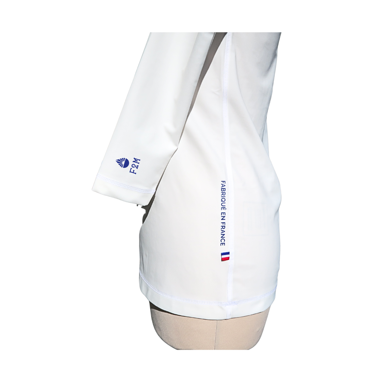 Lycra F2M femme manches longues ML blancTS top maillot anti uv rashguard made in France UPF50+ tee-shirt maillot côté drapeau tricolore fabriqué en France
