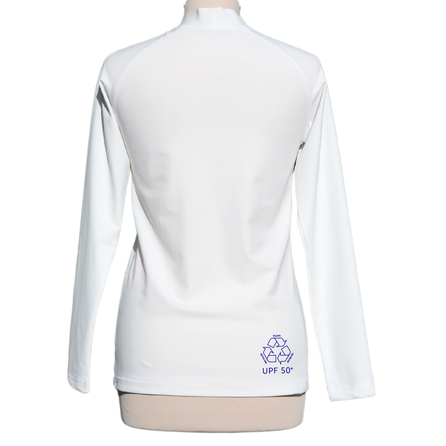 Lycra F2M femme manches longues ML blancTS top maillot anti uv rashguard made in France UPF50+ tee-shirt maillot dos ghostnets filets de peche recyclés upcycling upf50+ sans additif chimique