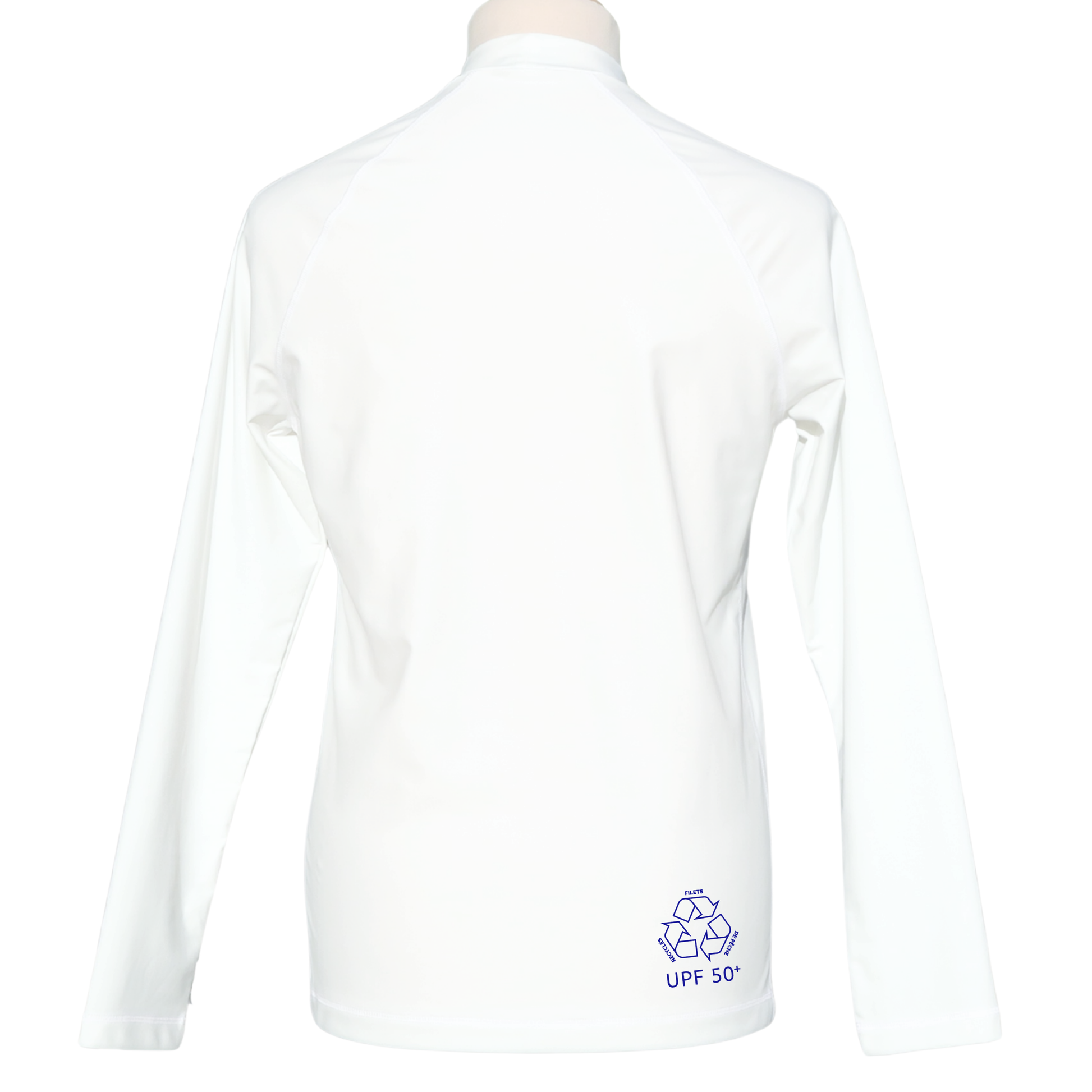 Lycra_licra-homme_manches longues_blanc_made_in_France_UPF50+_F2M top tee-shirt anti uv  rashguard filets de peche recyclés protection solaire maximale sans additif chimique ecolo durable sustainable eco responsable top ts maillot snorkling diving plongée vacances soleil tuba fabriqué en France dos filets de peche recyclés