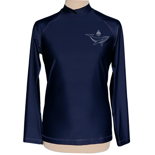 Lycra_licra-homme_manches longues_bleu_marine_made_in_France_UPF50+_F2M top tee-shirt anti uv  rashguard filets de peche recyclés protection solaire maximale sans additif chimique ecolo durable sustainable eco responsable top ts maillot snorkling diving plongée vacances soleil tuba fabriqué en France baleine whale