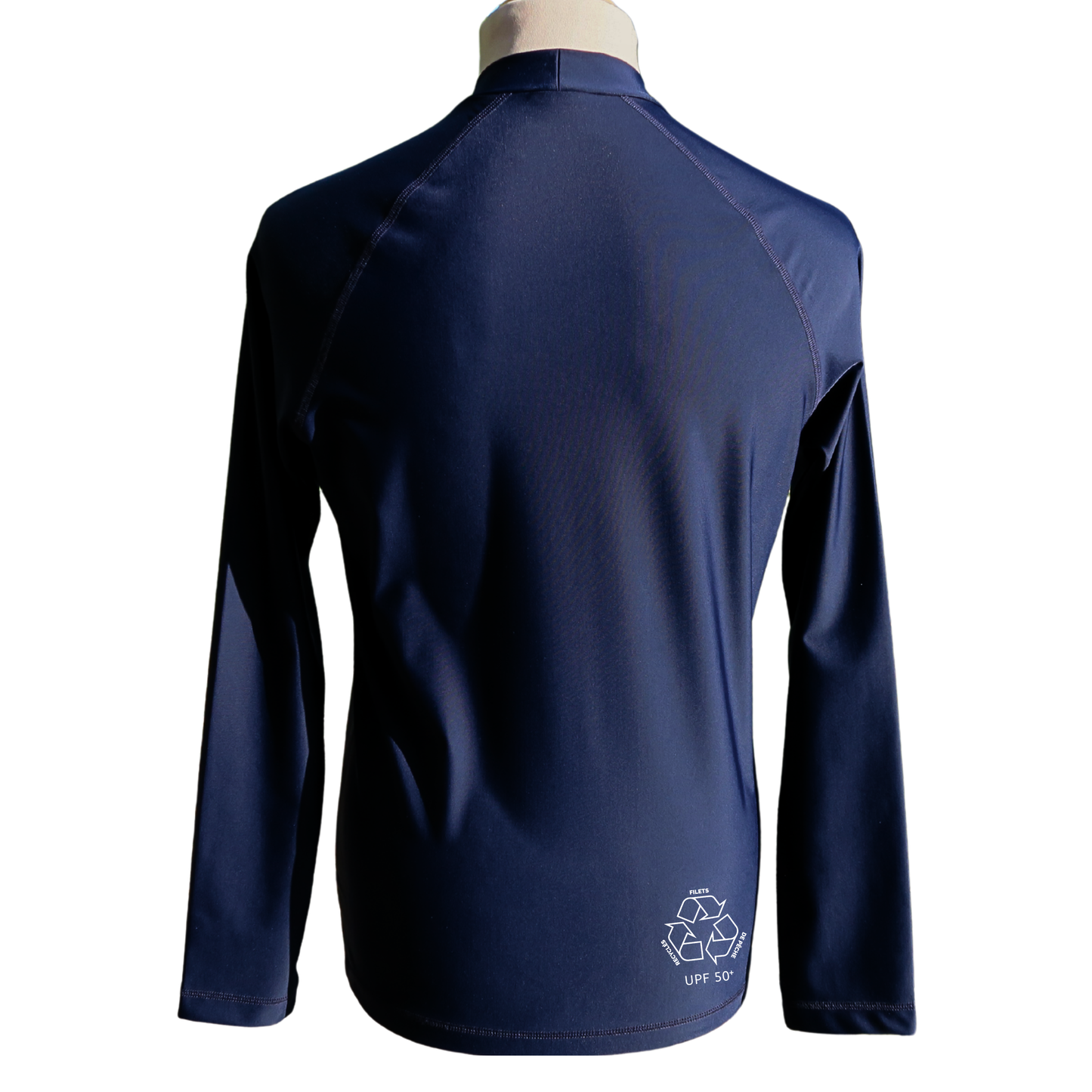 Lycra F2M homme manches longues ML bleu marine TS top maillot anti uv rashguard made in France UPF50+ tee-shirt maillot protection solaire ecoresponsable dos filets de peche recyclés UPF50+ sans additif chimique ghostnets