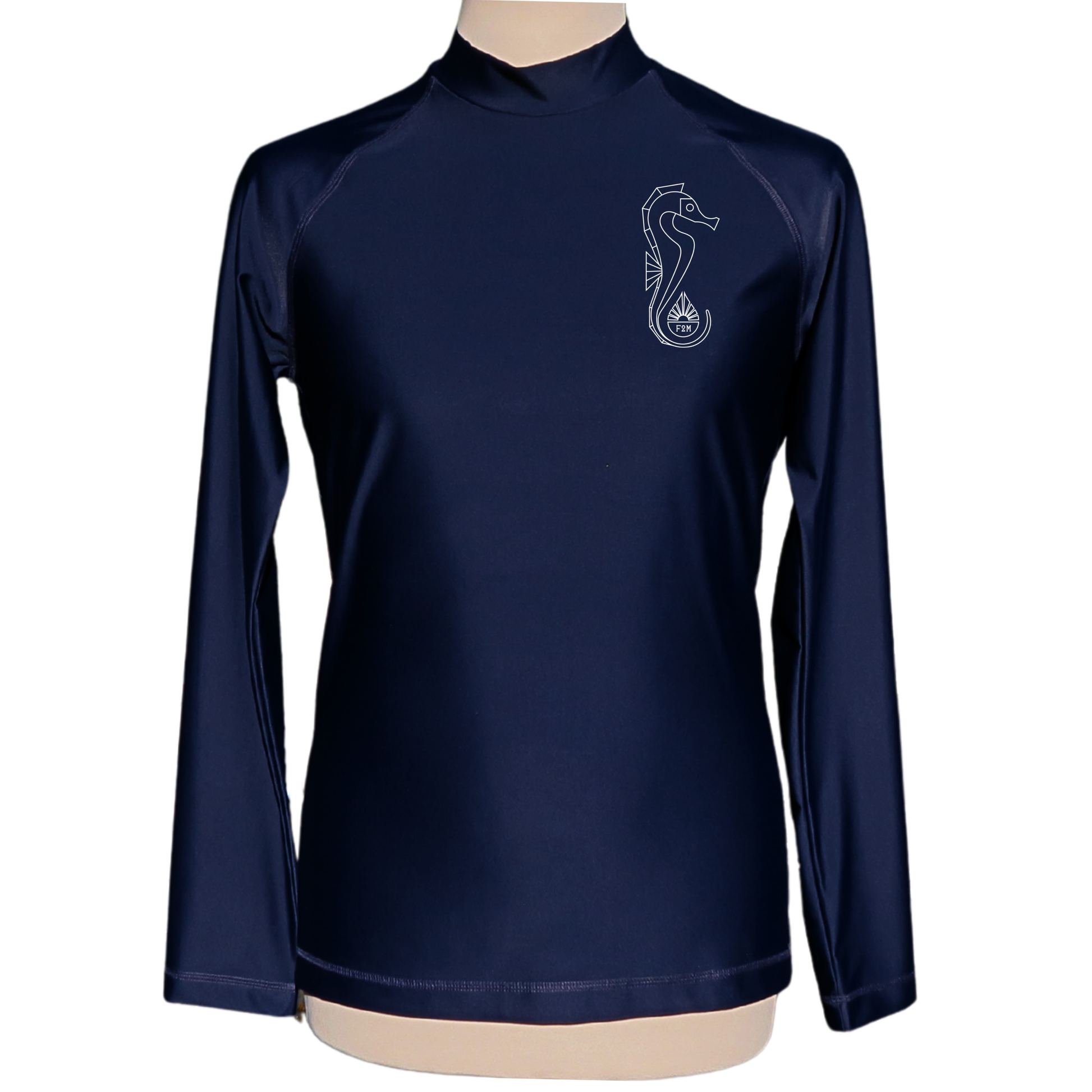 Lycra_licra-homme_manches longues_bleu_marine_made_in_France_UPF50+_F2M top tee-shirt anti uv  rashguard filets de peche recyclés protection solaire maximale sans additif chimique ecolo durable sustainable eco responsable top ts maillot snorkling diving plongée vacances soleil tuba fabriqué en France durable seahorse hippocampe animaux amrins récifs coraux