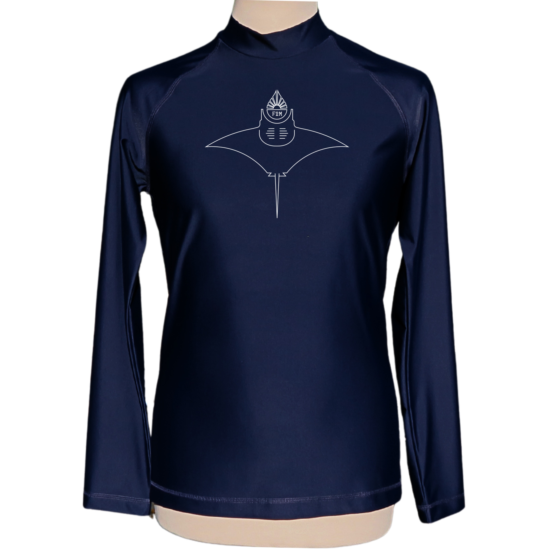 Lycra_licra-homme_manches longues_bleu_marine_made_in_France_UPF50+_F2M top tee-shirt anti uv  rashguard filets de peche recyclés protection solaire maximale sans additif chimique ecolo durable sustainable eco responsable top ts maillot snorkling diving plongée vacances soleil tuba fabriqué en France raie manta voyage eaux chaudes tropicales