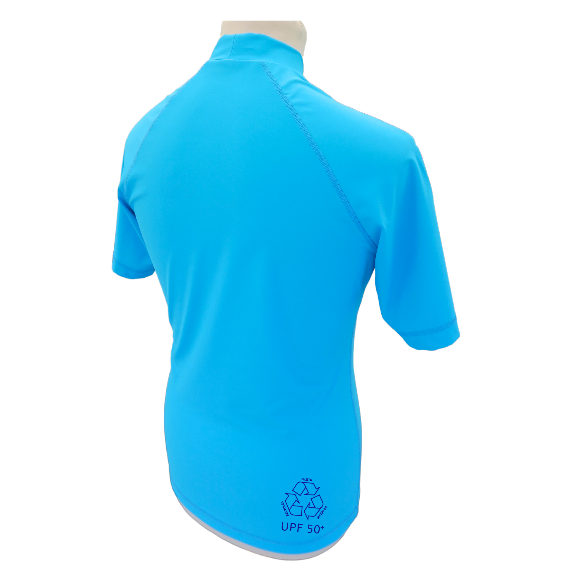 Lycra_homme_MC_bleu_ciel_made_in_France_UPF50_F2M top tee-shirt anti uv manches courtes rashguard filets de peche recyclés protection solaire maximale UPF50+ sans additif chimique ecolo durable sustainable eco responsable dos