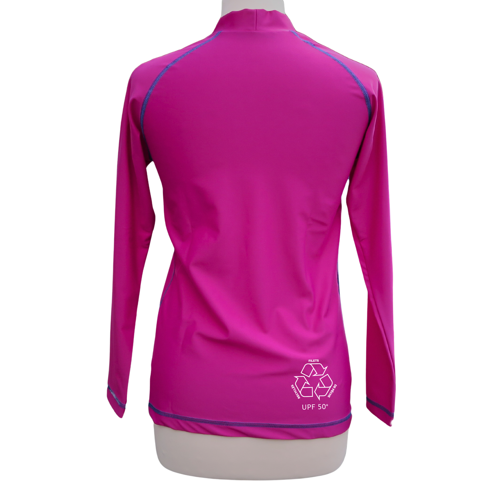 F2M rashguard long sleeves lycra femme manches longues rose violet framboise fuchsia petit col montant dos recyclage UPF50 filets de pêche top uv tee-shirt T-shirt TS
