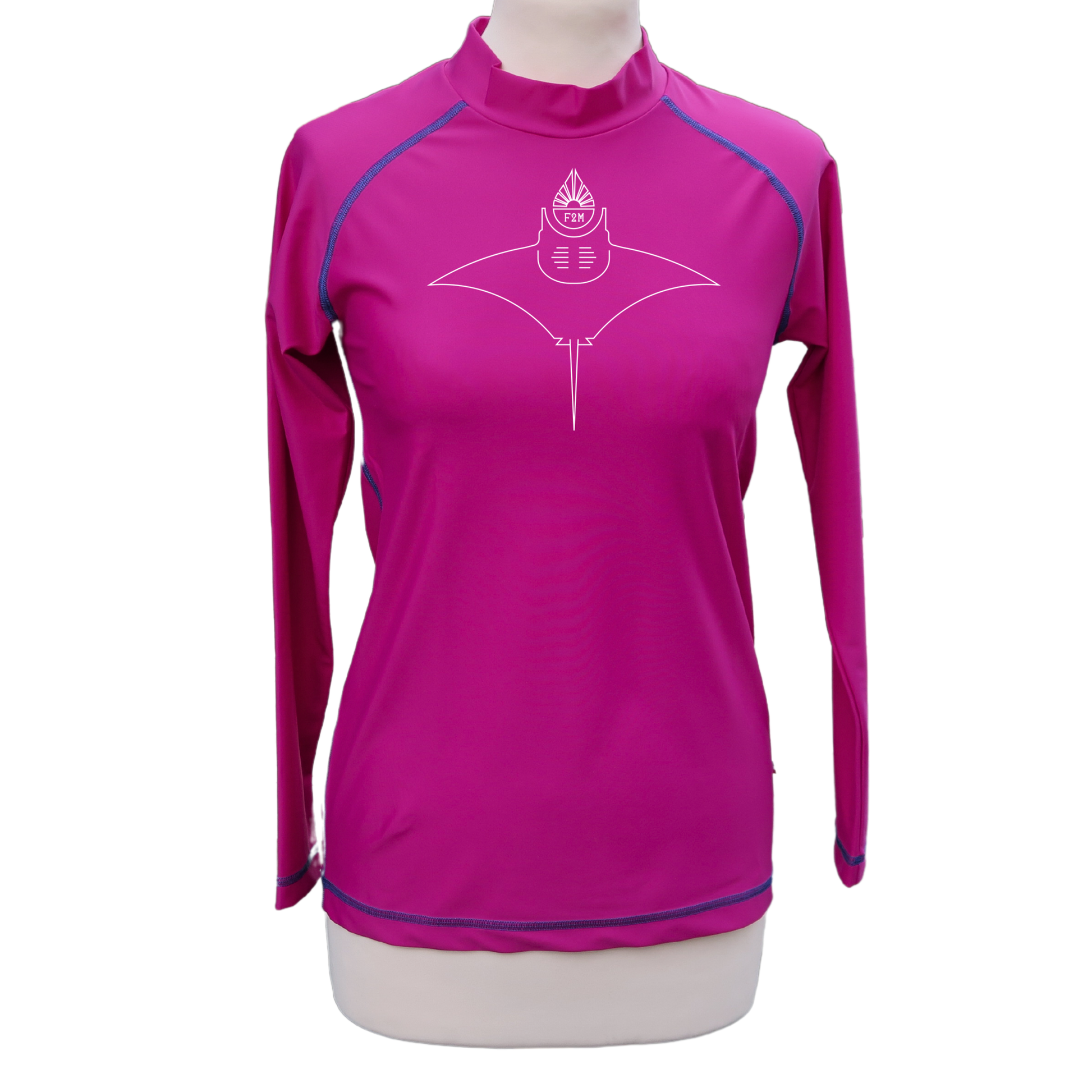 rashguard lycra anti uv haut de gamme femme manches longues violet rose fuchsia fabriqué en France UPF50+ Made in France avec des filets de pêche recyclés, écolo, durable, top maillot tee-shirt eco responsable F2M  petit col manta raie