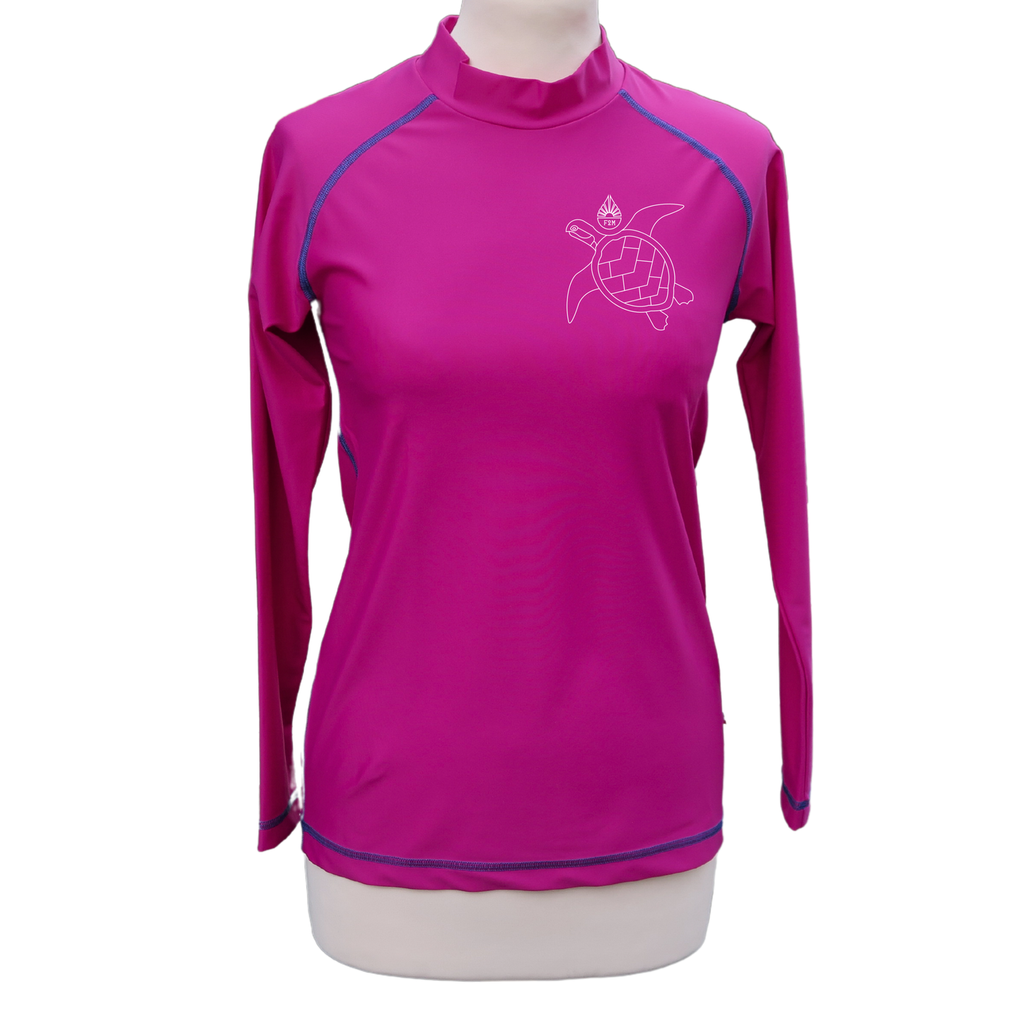 rashguard lycra anti uv haut de gamme femme manches longues violet rose fuchsia fabriqué en France UPF50+ Made in France avec des filets de pêche recyclés, écolo, durable, top maillot tee-shirt eco responsable F2M  petit col tortue turtle