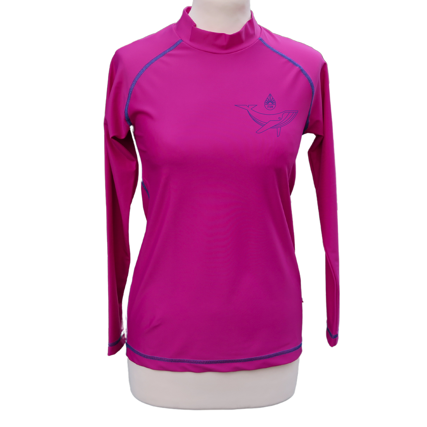 rashguard lycra anti uv haut de gamme femme manches longues violet rose fuchsia fabriqué en France UPF50+ Made in France avec des filets de pêche recyclés, écolo, durable, top maillot tee-shirt eco responsable F2M  petit col whale baleine