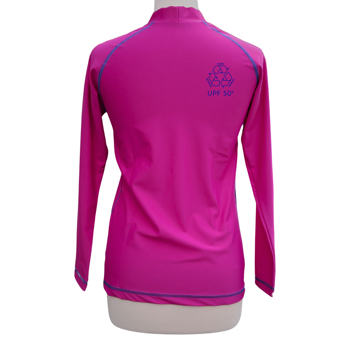 F2M rashguard long sleeves lycra femme manches longues rose violet framboise fuchsia petit col montant dos recyclage UPF50 filets de pêche