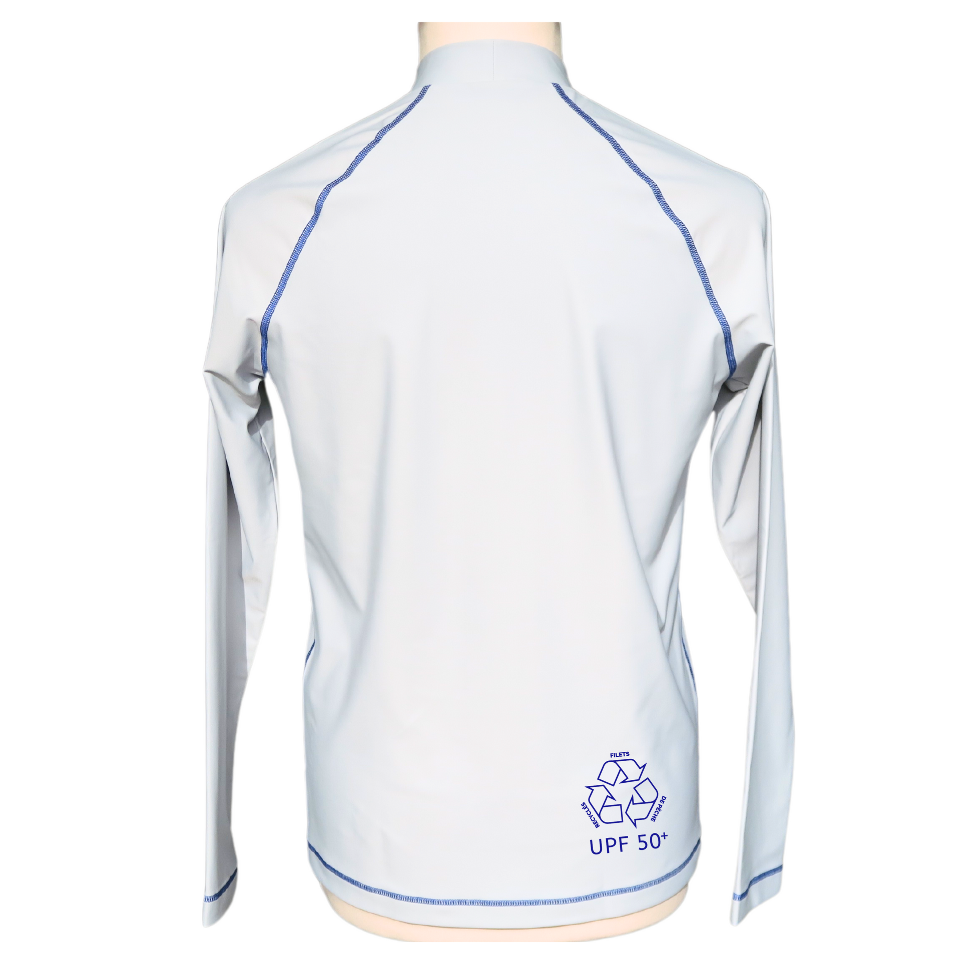 lycra anti uv rashguard F2M made in france filets de pêche recyclés UPF50+ sans additif chimique écolo durable haut de gamme  devant homme manches longues gris clair dos