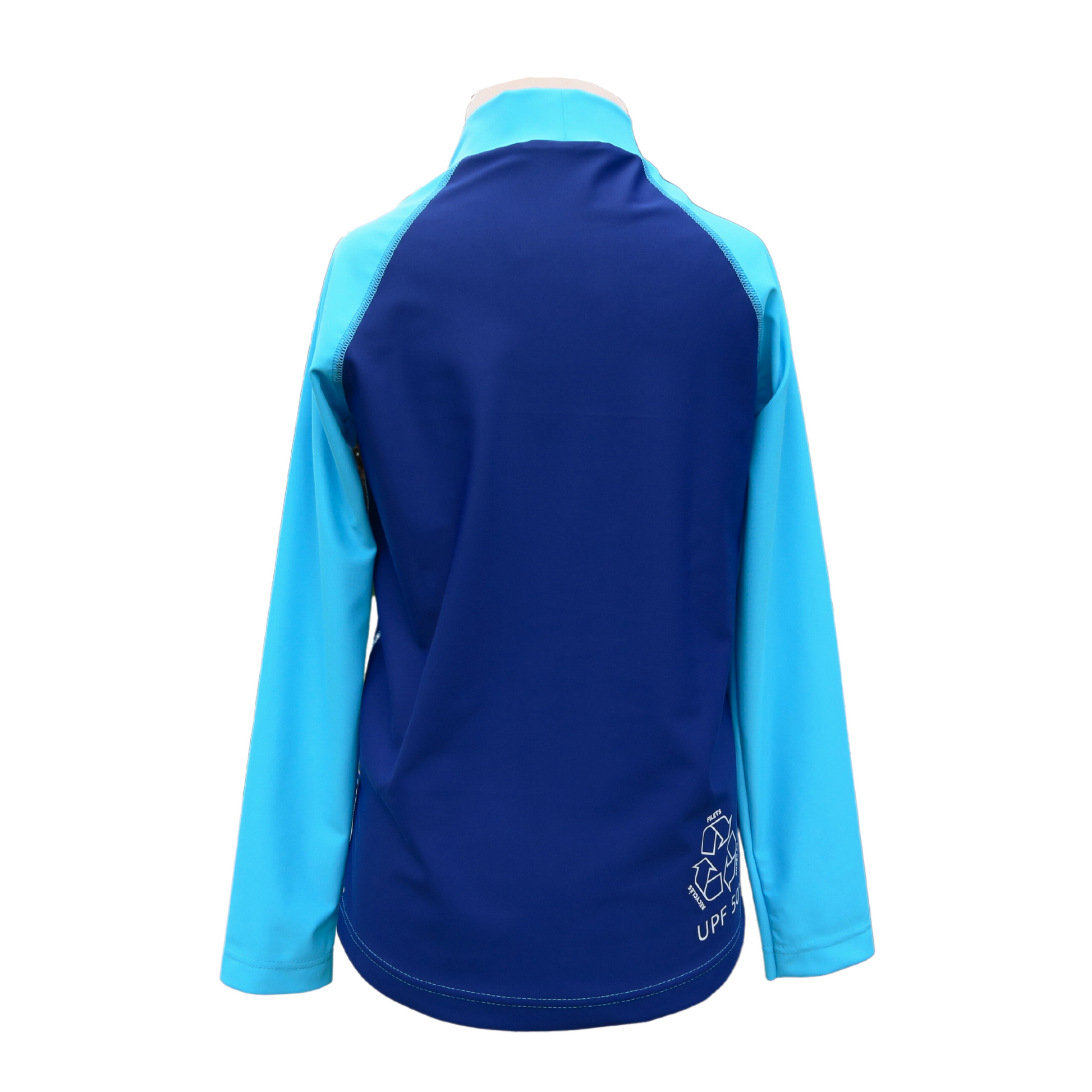 Lycra enfant rashguard anti-uv made in France UPF50 bleu bicolore logo F2M dos filets de pêche recyclés