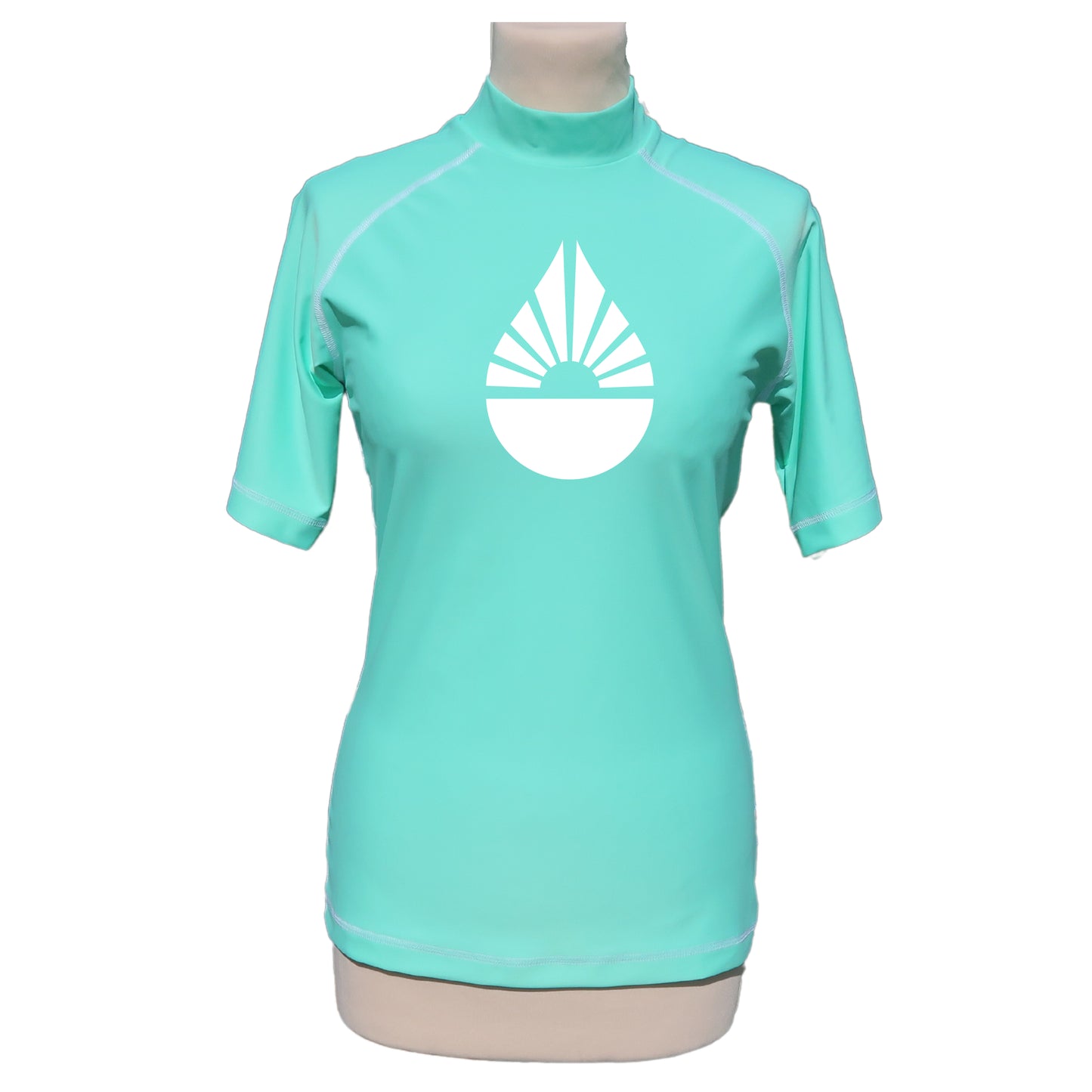 rashguard lycra anti uv femme manches courtes vert d'eau fabriqué en France UPF50+ Made in France avec des filets de pêche recyclés, écolo, durable, top maillot tee-shirt eco responsable F2M coupe moulante nouveauté goutte