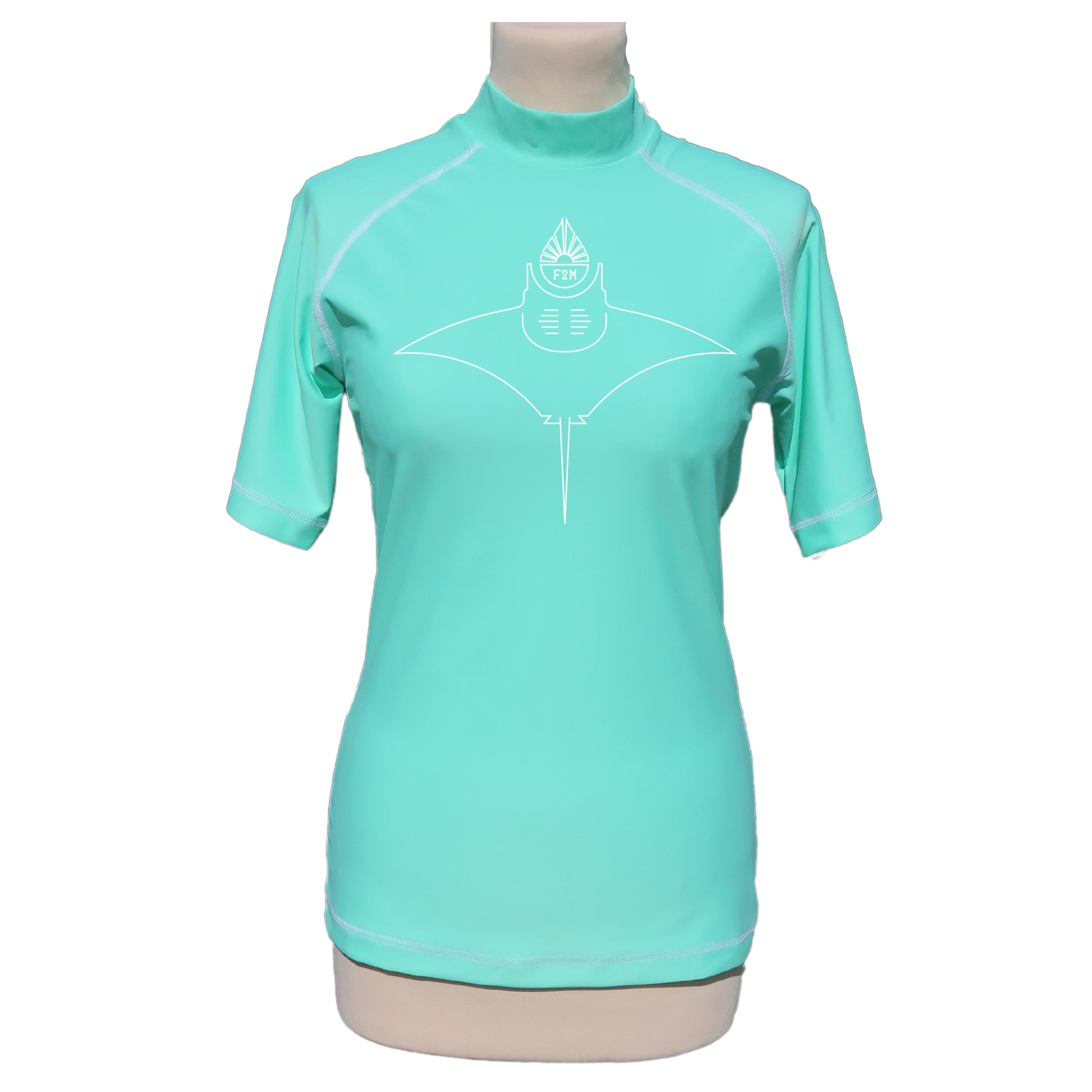 rashguard lycra anti uv femme manches courtes vert d'eau fabriqué en France UPF50+ Made in France avec des filets de pêche recyclés, écolo, durable, top maillot tee-shirt eco responsable F2M coupe moulante personnalisé raie manta