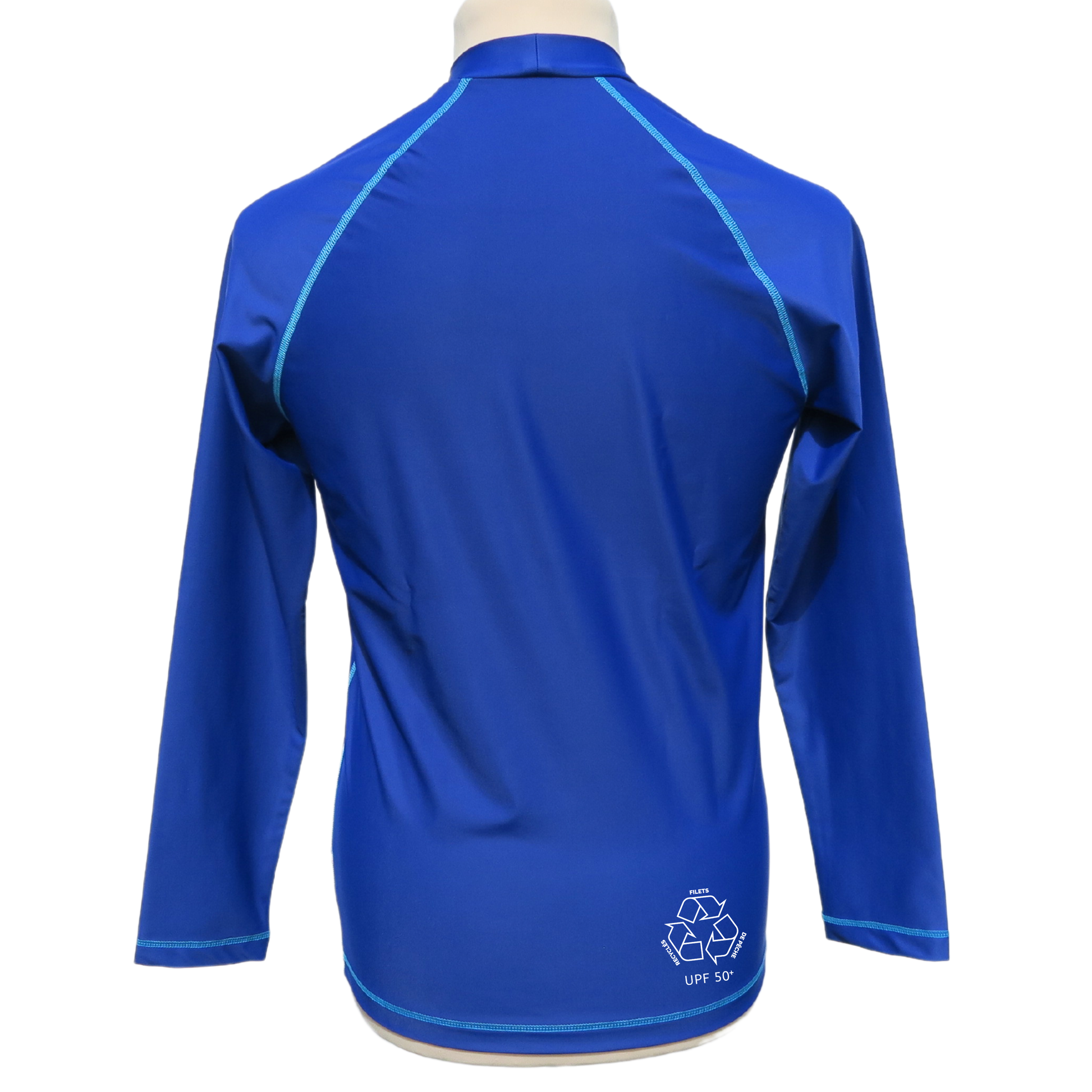 rashguard lycra anti uv F2M homme Manches longues made in France bleu flash electrique foncé col montant protection solaire sunprotection UPF50+ dos ghosnets filets de peche recyclés