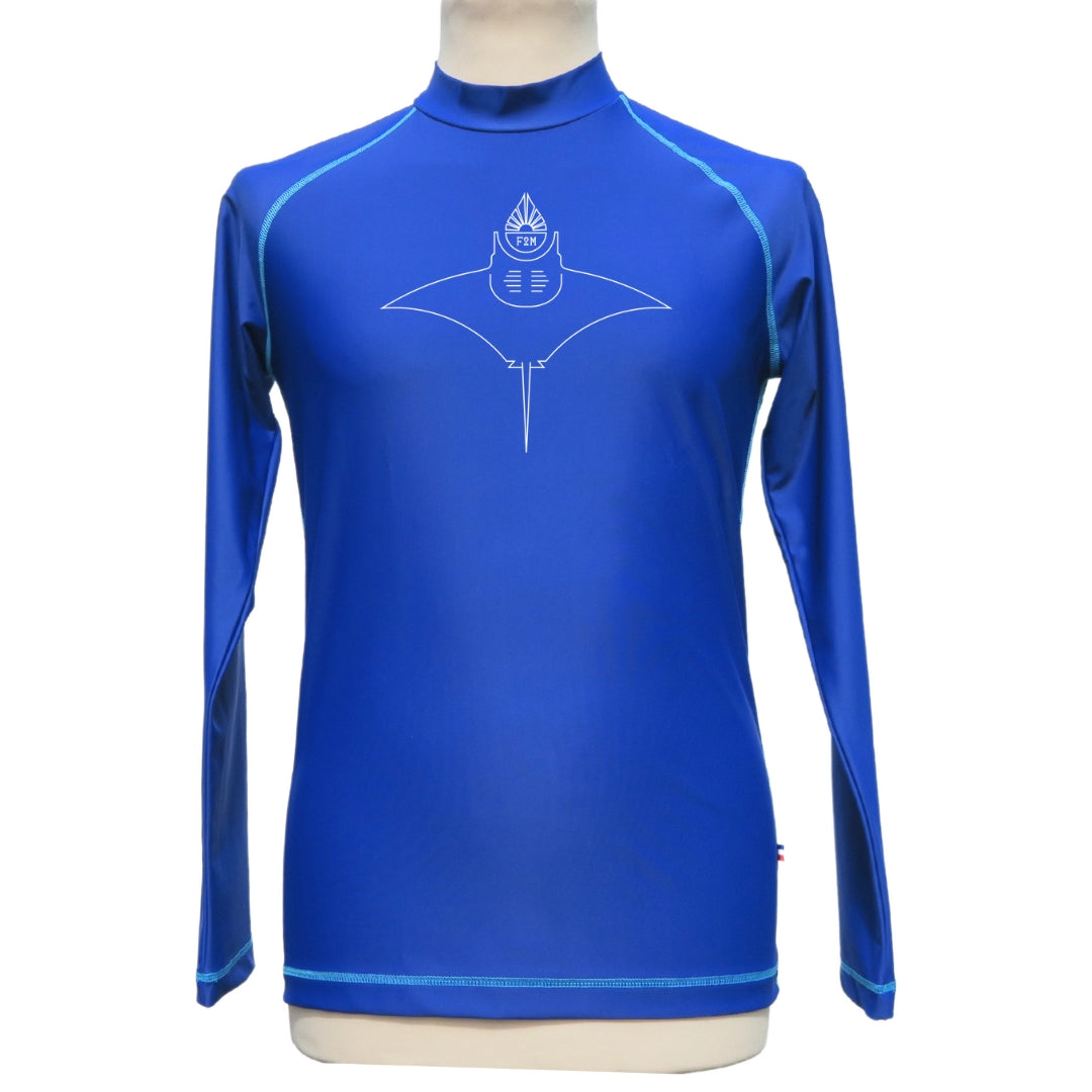 rashguard lycra anti uv F2M homme Manches longues made in France bleu  bleu flash electrique foncé col montant top maillot tee shirt raie manta