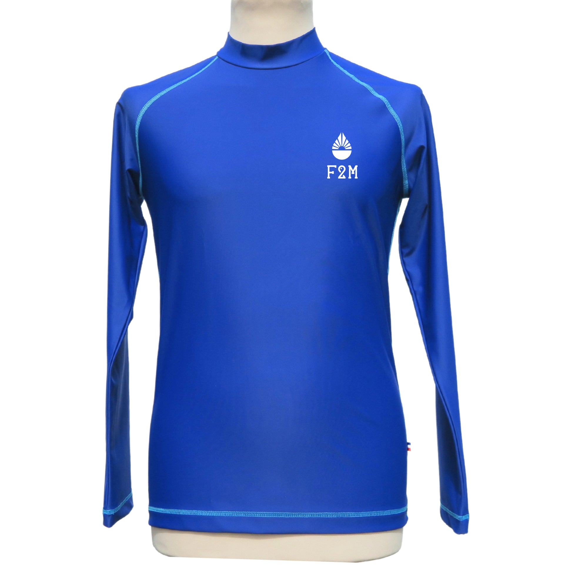 rashguard lycra anti uv F2M homme Manches longues made in France bleu marine col montant logo F2M engagé pour les fonds marins