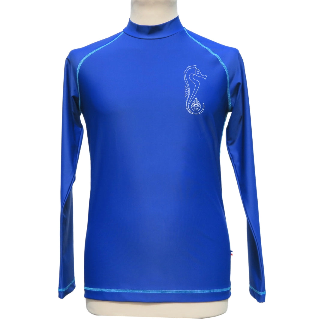 rashguard lycra anti uv F2M homme Manches longues made in France bleu  bleu flash electrique foncé col montant top maillot tee shirt hippocampe