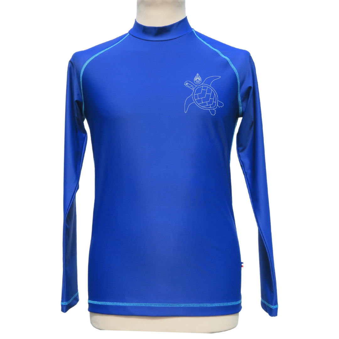 rashguard lycra anti uv F2M homme Manches longues made in France bleu marine col montant top maillot tee shirt tortue durable eco responsable recyclé filets de peche fabriqué en france UPF50+ certifié sans additif chimique