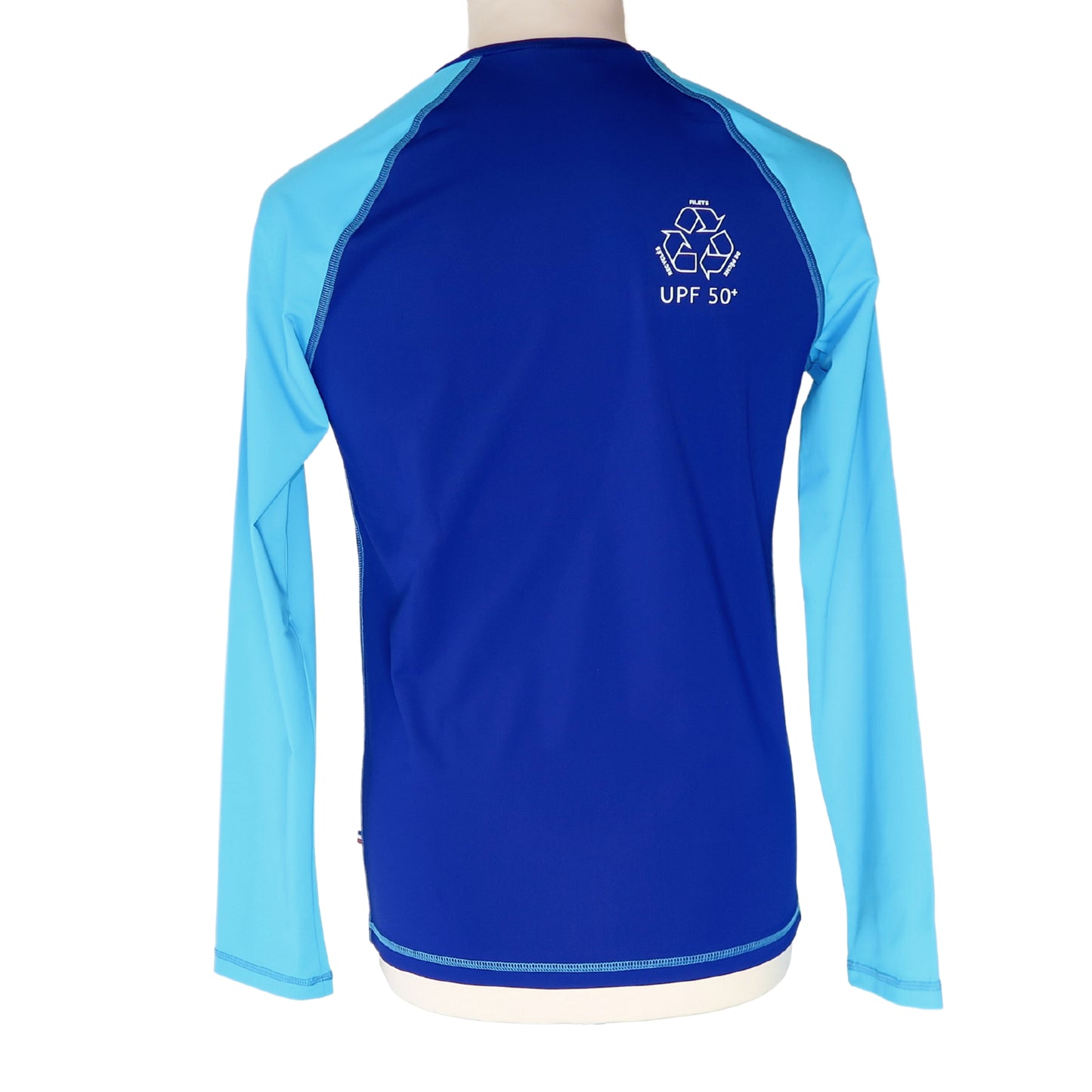 Men blue rashguard made in France from ghostnets with marine animal