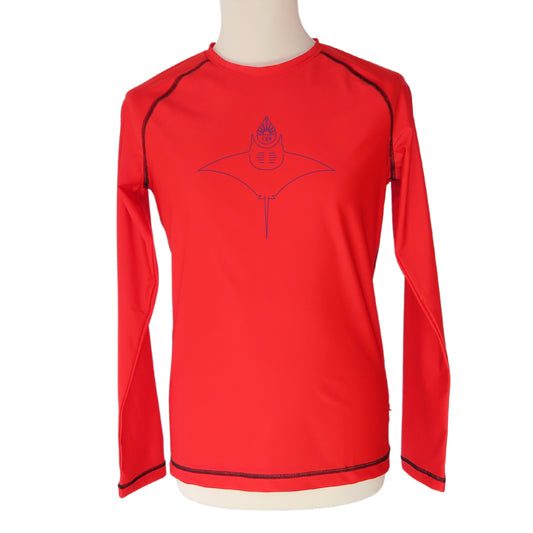 Men red rashguard made in France from ghostnets with marine animal